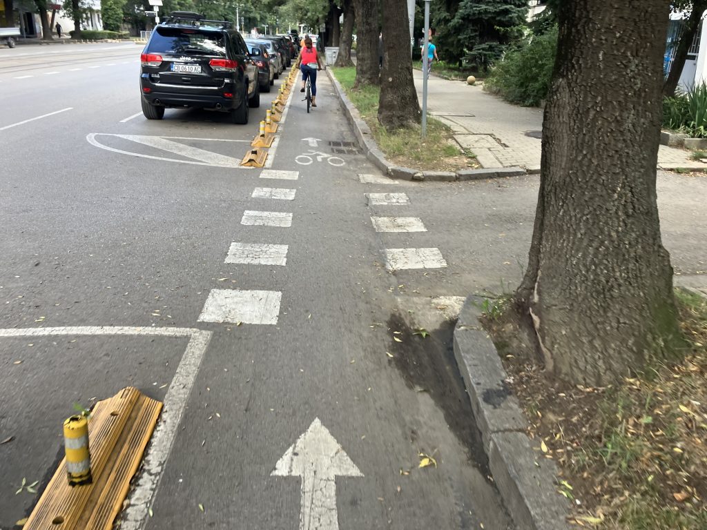 Protected bike lane in Sofia, Bulgaria. Photo taken Sept. 5, 2022 by Dave Reid.