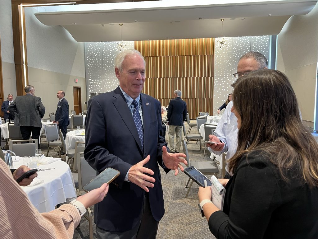Sen. Ron Johnson speaks to reporters after appearing at the Rotary Club of Milwaukee. Photo by Jeramey Jannene.