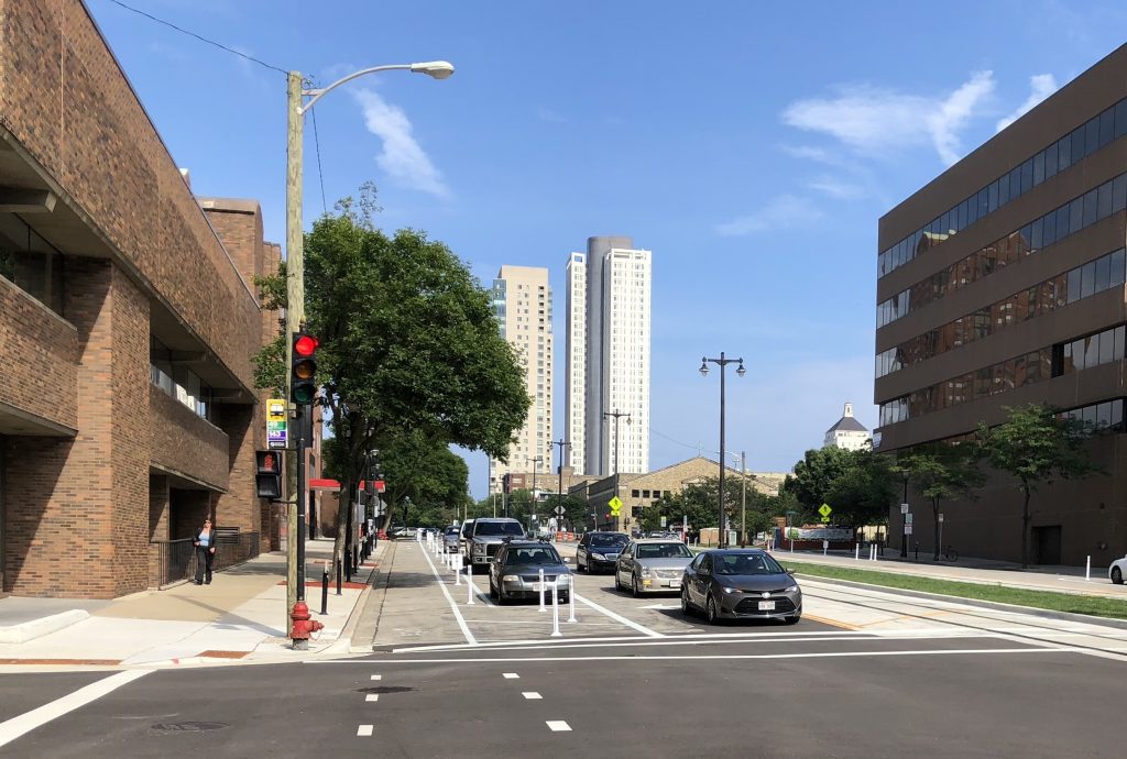 Kilbourn Avenue protected bike lane in 2018. Photo by Jeramey Jannene.