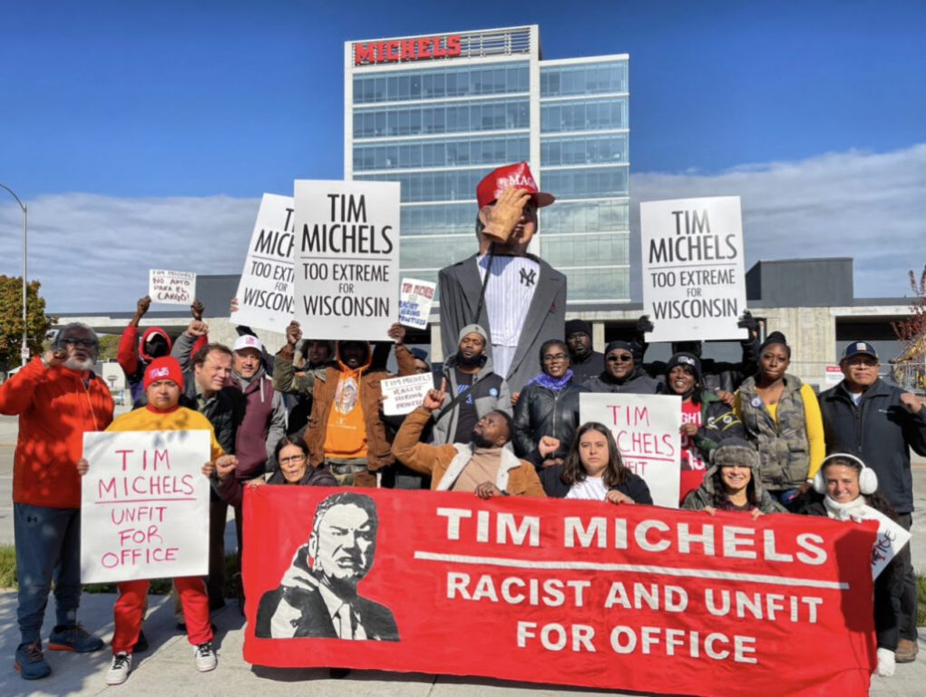 Community groups gather in from of a Michels company building in Milwaukee. Photo courtesy of Voces de la Frontera Action.