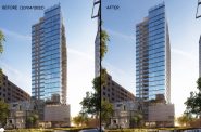 Renderings showing revisions to the proposed 1550 apartment tower (left: October, right: November). Renderings by Solomon Cordwell Buenz.