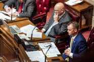 Senate Majority Leader Devin LeMahieu, right, listens during floor debate Wednesday, June 9, 2021, at the Wisconsin State Capitol in Madison, Wis. Angela Major/WPR