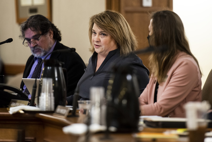 Rep. Janel Brandtjen, R-Menomonee Falls, center, speaks as former state Supreme Court Justice Michael Gableman presents a report to the Assembly Committee on Campaigns and Elections Tuesday, March 1, 2022, in Madison, Wis. Angela Major/WPR