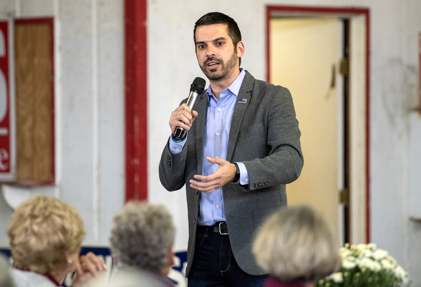 Republican attorney general candidate Eric Toney speaks during the 1st District GOP Fall Fest on Saturday, Sept. 24, 2022, at the Racine County Fairgrounds in Union Grove, Wis. Angela Major/WPR
