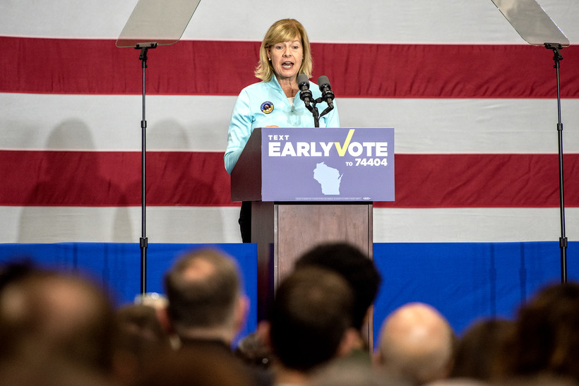 Sen. Tammy Baldwin speaks Saturday, Oct. 29, 2022, during a campaign event before the midterm elections at North Division High School in Milwaukee, Wis. Angela Major/WPR