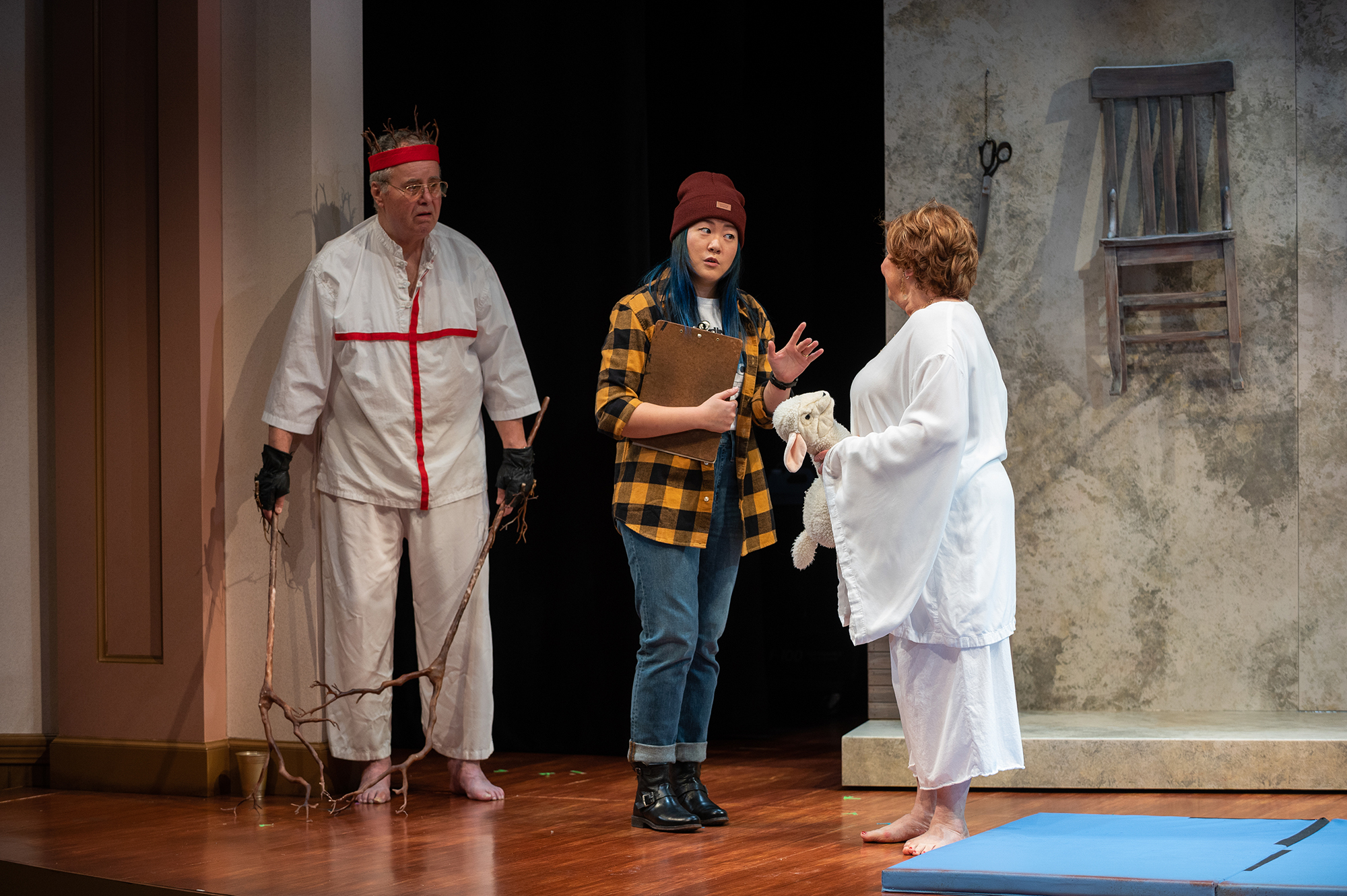 Milwaukee Repertory Theater presents The Nativity Variations in the Quadracci Powerhouse November 16 – December 11, 2022. Pictured: Adam LeFevre, Sami Ma and Ann Arvia. Photo by Michael Brosilow.