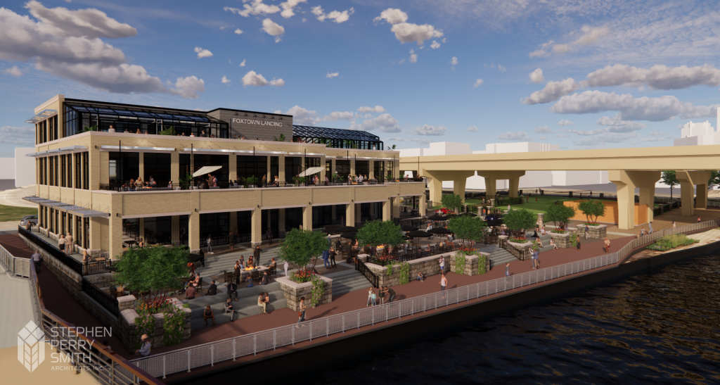 Proposed Foxtown Landing and downtown dog park along the Milwaukee River. Rendering by Stephen Perry Smith Architects.