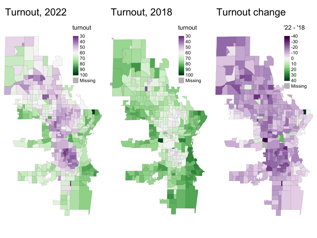 City of Milwaukee wards, turnout as a share of registered voters in 2018 and 2022. Image by John D. Johnson.