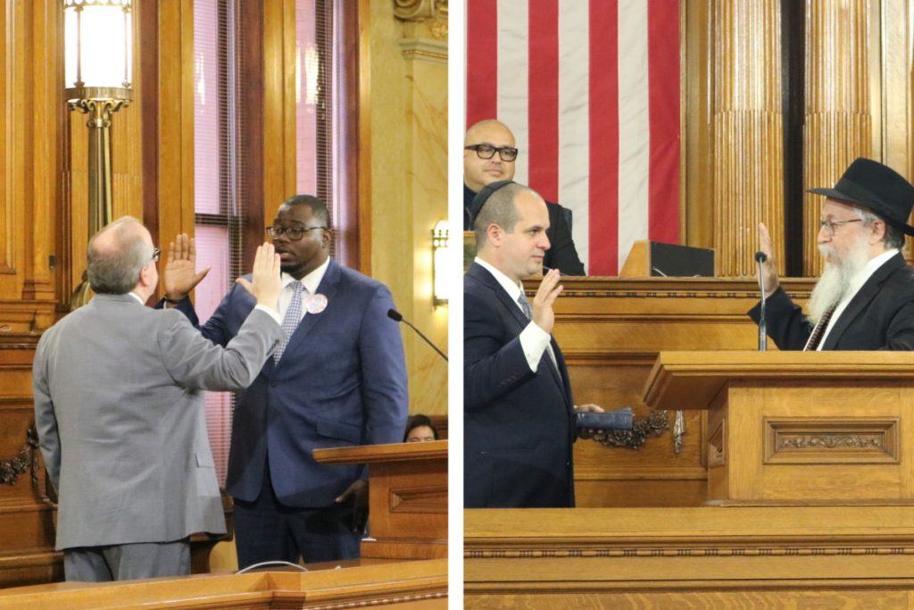 Mark Chambers being sworn in by City Clerk Jim Owczarski. Jonathan Brostoff being sworn in by Mendel Shmotkin. Photos by Sophie Bolich.