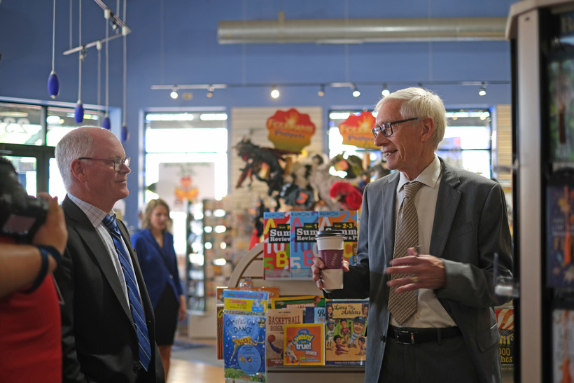 Gov. Tony Evers, right, visits Martha Merrell’s Books and Toys in Waukesha back in September. Courtesy of the governor's office