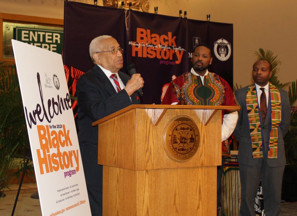 Dr. William Finlayson speaks at the 2019 Milwaukee Black History Month program. Photo from City of Milwaukee City Clerk's Office, Public Information Division.