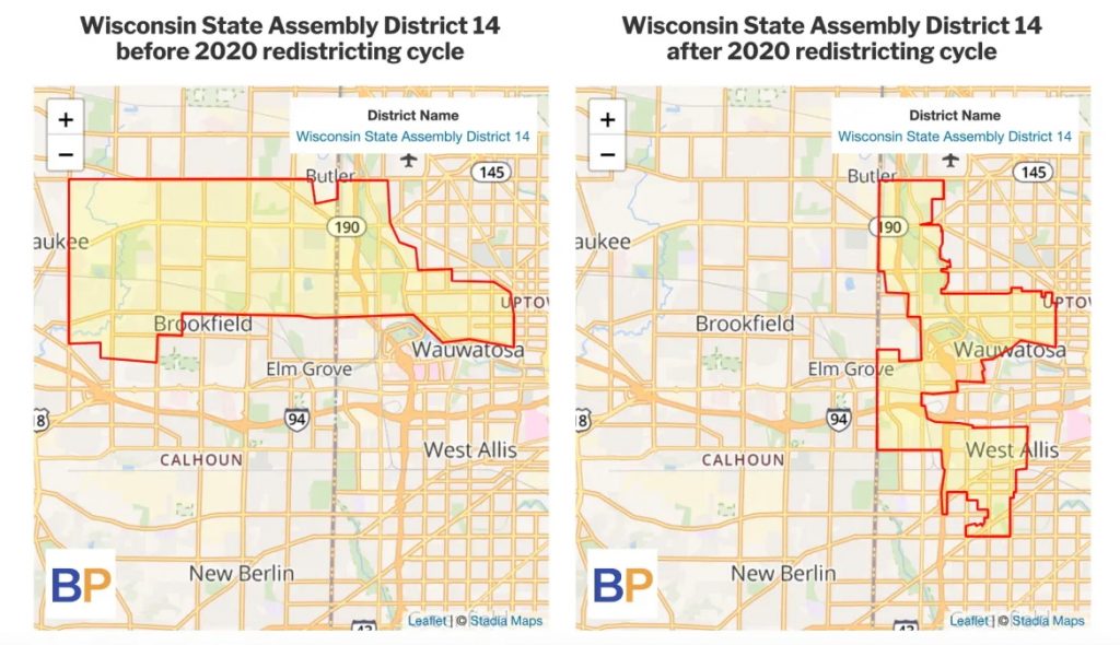 Democrats won the 14th Assembly District this year by 27 points after Wisconsin Republicans redrew it to ensure they could win back the 13th Assembly District. (Image courtesy of Ballotpedia