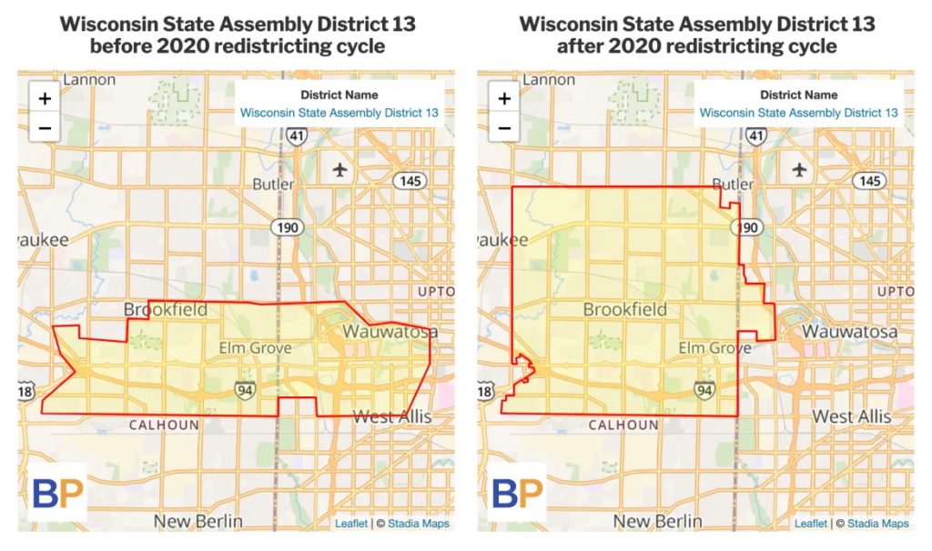 Wisconsin Republicans created two GOP majority districts across multiple communities in 2011. But after Democrats won both seats in 2020, they redrew the 13th Assembly District to include more conservative Brookfield, Wis. winning back the seat in 2022. (Image courtesy of Ballotpedia)