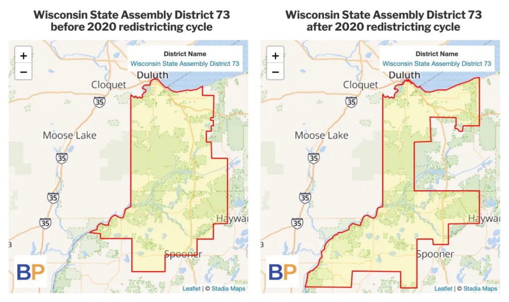 Republicans built a 64-seat Assembly majority in a state split evenly with Democrats by redrawing political boundaries for the Wisconsin Legislature to their favor. For example, they redrew the 73rd Assembly District to include less of Democratic Douglas County and more of Republican Burnett County, helping flip the seat for Republicans in 2022. (Image courtesy of Ballotpedia)