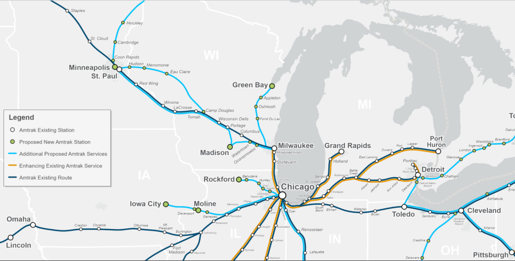 Amtrak’s Connect US study recommended extending the Hiawatha Corridor to Madison. (Screenshot from Amtrak’s Connect US Map)