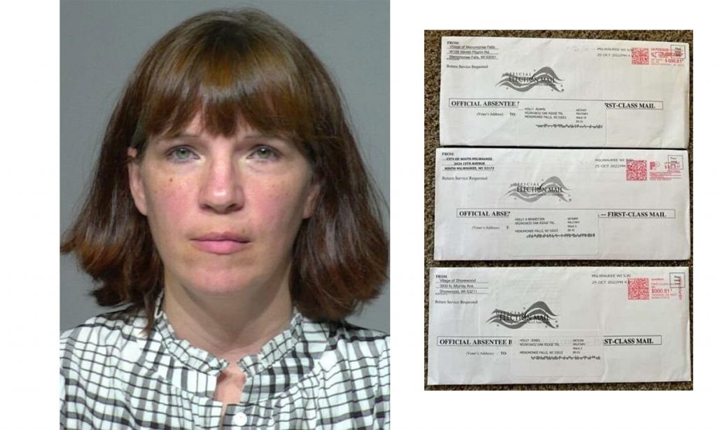 Kimberly Zapata (left, image from Milwaukee County) and military ballots (right, image from Rep. Brandtjen).