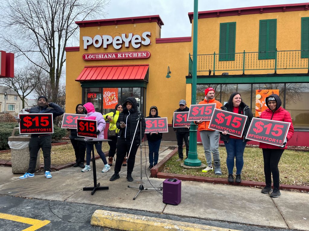 Demonstrators gathered at Popeyes, 2910 W. Capitol Dr., Tuesday afternoon to protest unsafe working conditions at the restaurant. Photo taken Jan. 17, 2023 by Sophie Bolich.