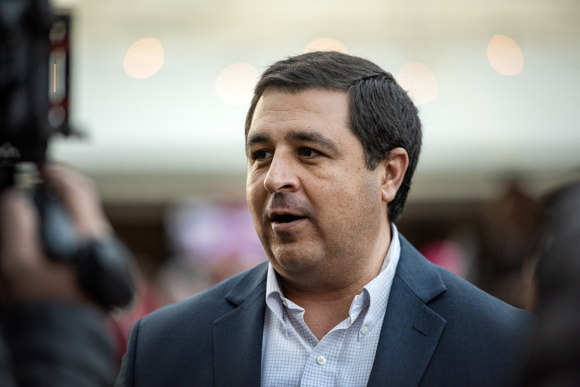Attorney General Josh Kaul speaks to reporters during a campaign event Saturday, Oct. 8, 2022, in Middleton, Wis. Angela Major/WPR