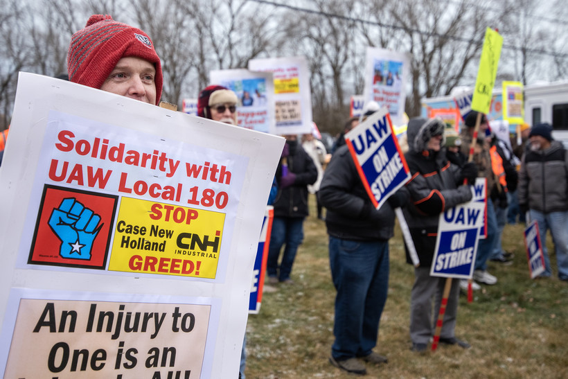 People attend a rally for striking workers Saturday, Dec. 17, 2022, at the United Auto Workers hall in Racine, Wis. Angela Major/WPR