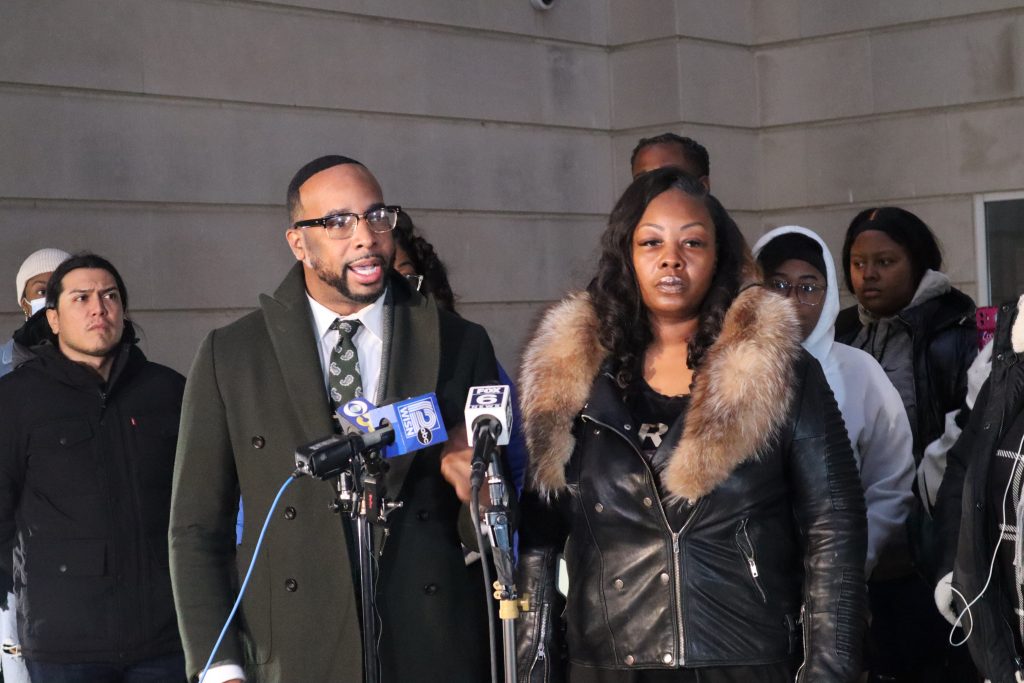 The family of Brieon Green stands with attorney B’Ivory LaMarr after having privately viewed video of Green’s death. Photo by Isiah Holmes/Wisconsin Examiner.