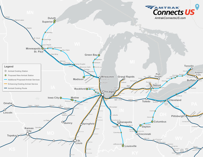This map details possible Amtrak expansions in the Midwest, including potential connections to Madison and Green Bay. Photo courtesy of Amtrak