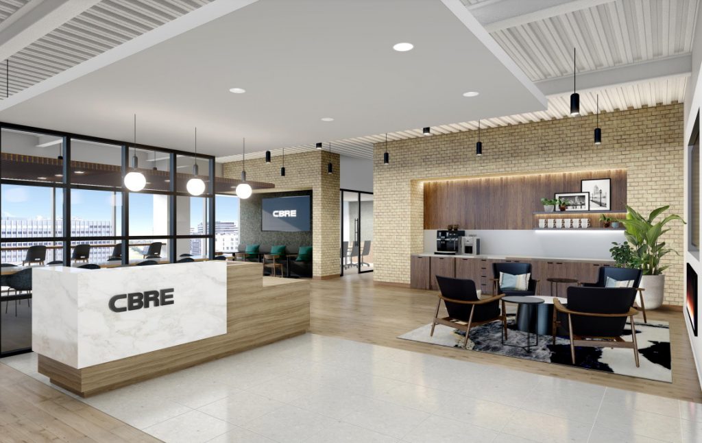 CBRE office rendering at BMO Tower. Rendering by CBRE Design Collective.
