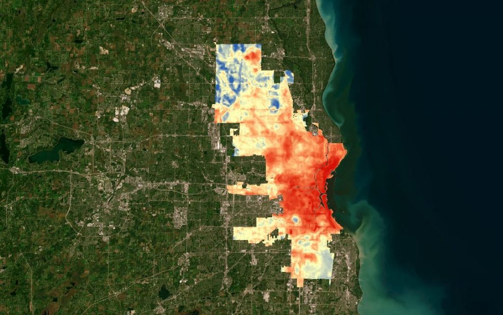 Air temperature data collected in the city of Milwaukee demonstrates the urban heat island effect, where densely developed urban areas tend to be warmer than more open rural spaces. / Photo Credit: Wisconsin DNR