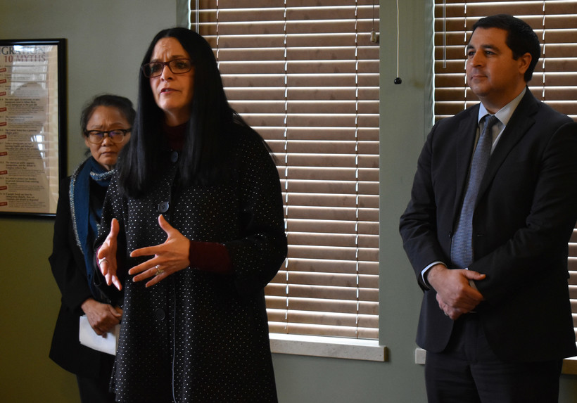 Director of The Women's Community Jane Graham Jennings, center, speaks about a new task force to address human trafficking in Wisconsin as victim advocate Jan Miyasaki, left, and Attorney General Josh Kaul look on at a press conference in Wausau, Thursday, January 26, 2023. Rob Mentzer/WPR