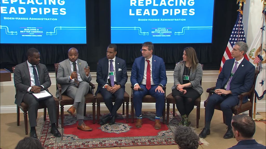 Mayor Cavalier Johnson speaks on panel at White House Summit on Accelerating Lead Pipe Replacement. Image from White House livestream.