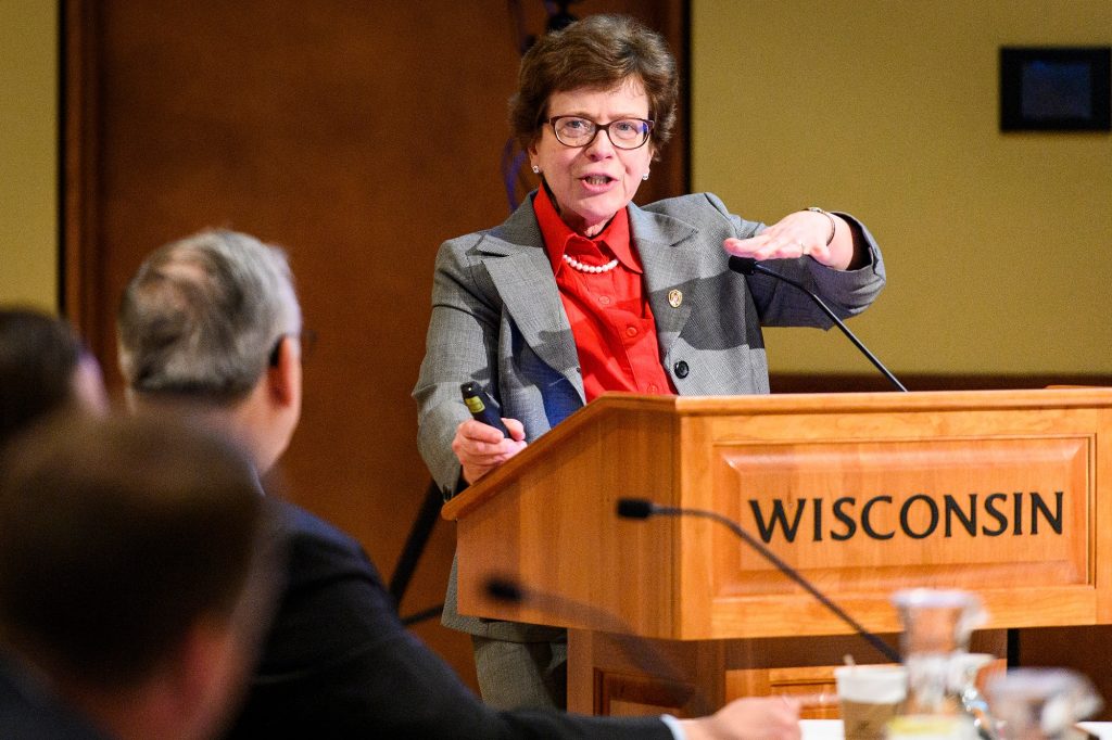 UW-Madison Chancellor Rebecca Blanks speaks during her presentation at the UW System Board of Regents meeting hosted at Union South at the University of Wisconsin-Madison on Feb. 7, 2019. (Photo by Bryce Richter /UW-Madison)
