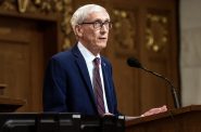 Gov. Tony Evers delivers the biennial budget message Wednesday, Feb. 15, 2023, at the Wisconsin State Capitol in Madison, Wis. Angela Major/WPR