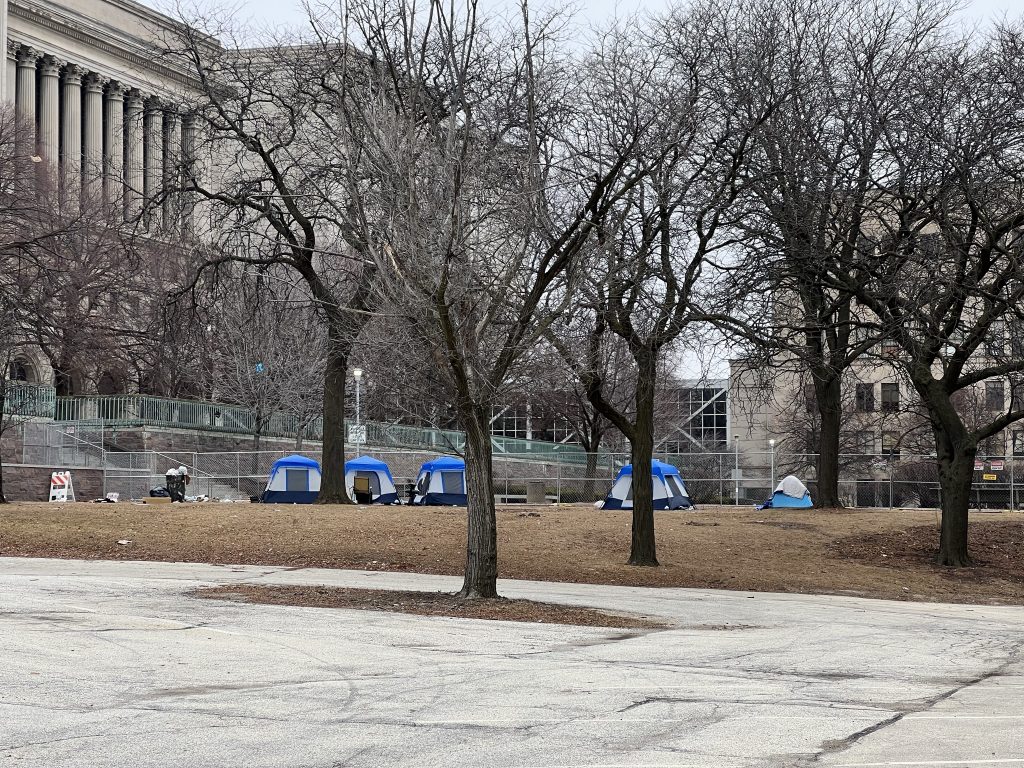 A homeless tent encampment on the edge of MacArthur Square. Photo by Jeramey Jannene.