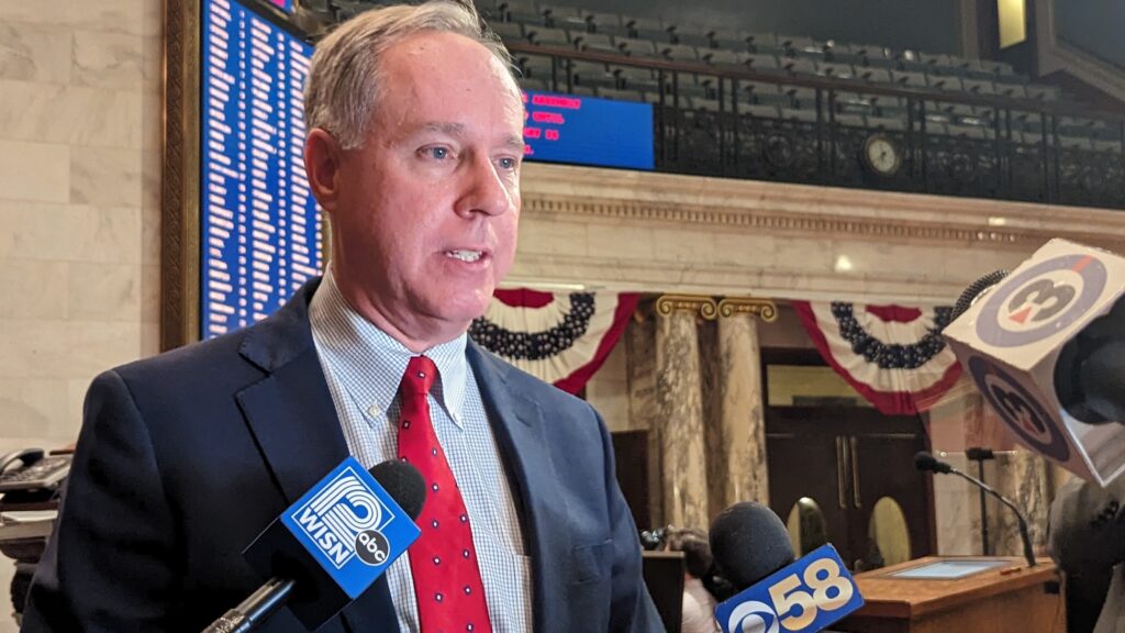  Assembly Speaker Robin Vos (R-Rochester) has said he is open to the possibility of dedicating one cent of Wisconsin’s five-cent sales tax per dollar to shared revenue. (Baylor Spears | Wisconsin Examiner)
