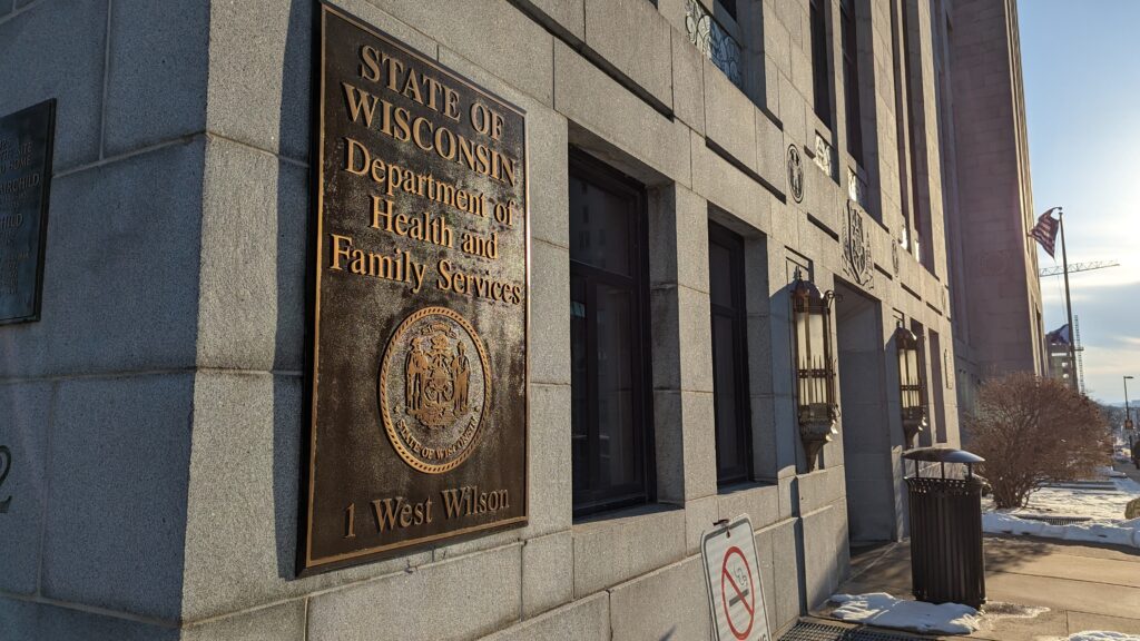 The Wisconsin state office building housing the Department of Health Services (DHS), previously the Department of Health and Family Services before the agency was split into separate departments. Photo by Baylor Spears/Wisconsin Examiner.