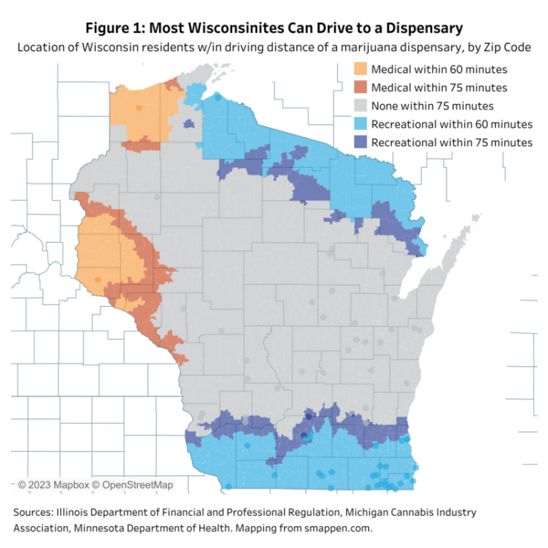 Wisconsin map showing zip codes that are a 60-minute and 75-minute drive to a legal marijuana dispensary in Illinois, Michigan or Minnesota. Courtesy of Wisconsin Policy Forum.