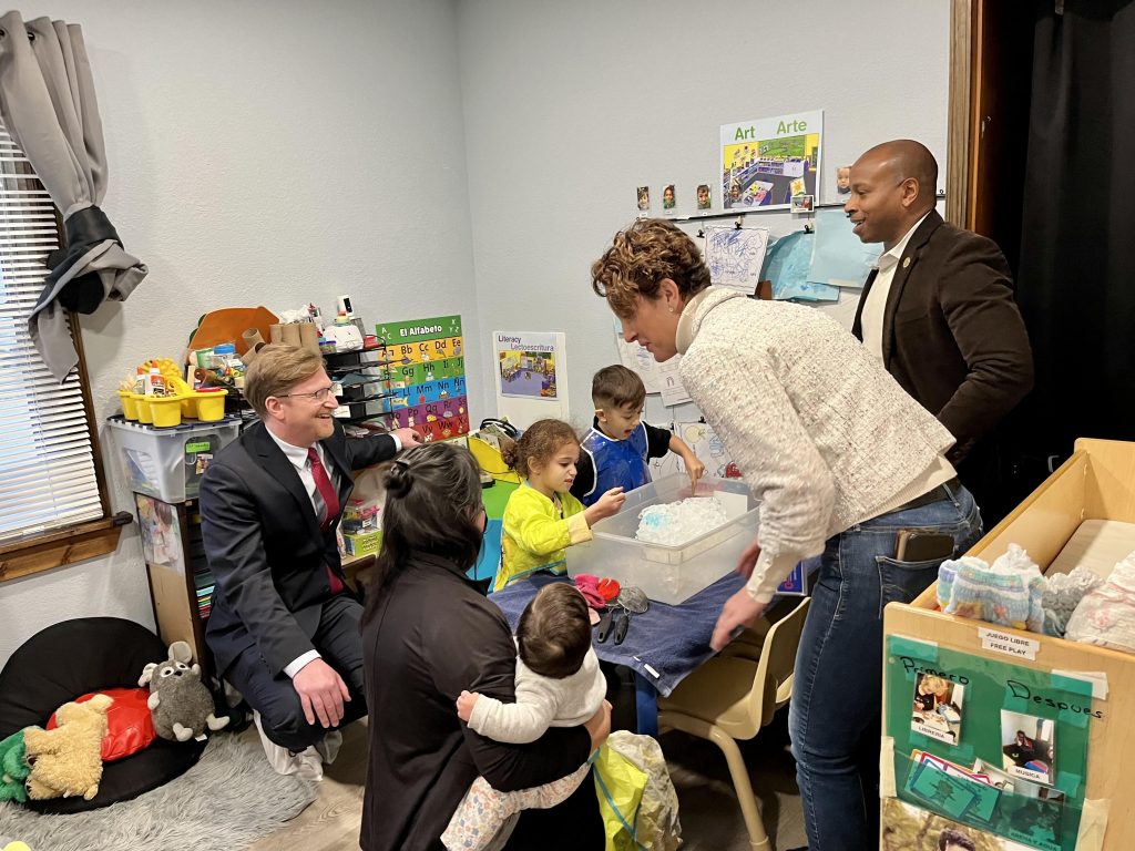 Alderwoman Marina Dimitrijevic (middle) visits Yimma’s Bright Beginnings in January with Mayor Cavalier Johnson (right) and Ald. Scott Spiker (left). Photo from Dimitrijevic.