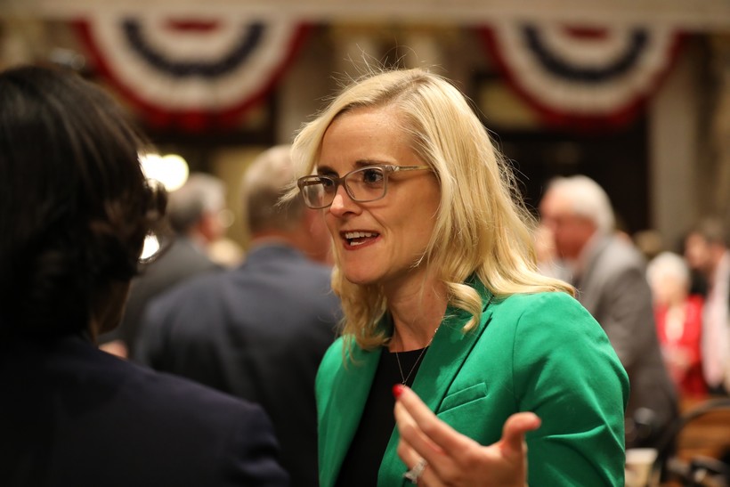 State Treasurer Sarah Godlewski, right, talks with state superintendent Carolyn Stanford Taylor during Gov. Tony Evers' first State of the State address in Madison, Wisconsin, at the State Capitol building on Jan. 22, 2019. Emily Hamer/Wisconsin Watch
