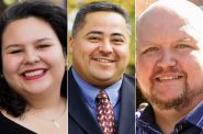 County Board candidates Caroline Gómez-Tom, Angel Sanchez and Travis Hope.