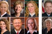 Clockwise from top left: Chief Justice Annette Ziegler, Justice Ann Walsh Bradley, Justice Rebecca Grassl Bradley, former Justice Daniel Kelly, Milwaukee County Judge Janet Protasiewicz, Justice Jill Karofsky, Justice Brian Hagedorn, and Justice Rebecca Dallet. Kelly and Protasiewicz are running for the open seat on the court.