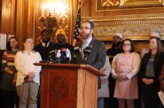 Rep. Ryan Clancy (D-Milwaukee) discusses the issues around bail with other elected officials, criminal justice advocates, and others. Photo by Isiah Holmes/Wisconsin Examiner.