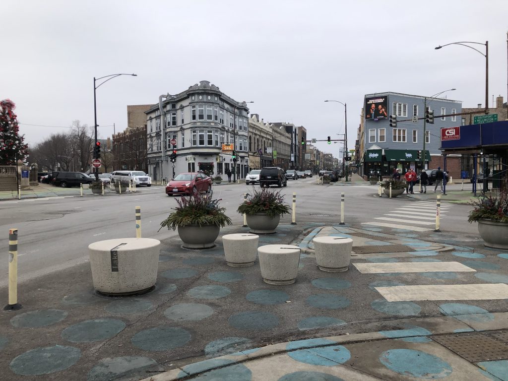 A plaza created from an excess turn line at N. Southport Ave. and N. Lincoln Ave. in Chicago in 2019. Photo by Jeramey Jannene.