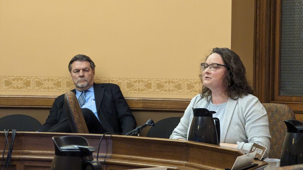 “If you can remember, the Legislature didn’t convene for over 300 days in the 2020 session,” business owner Christy McKenzie said as Rep. Robert Wittke, the author of a resolution to give the Legislature control over federal emergency funds, looked on during an Assembly Ways and Means committee hearing Thursday, March 16, 2023. Photo by Baylor Spears/Wisconsin Examiner.