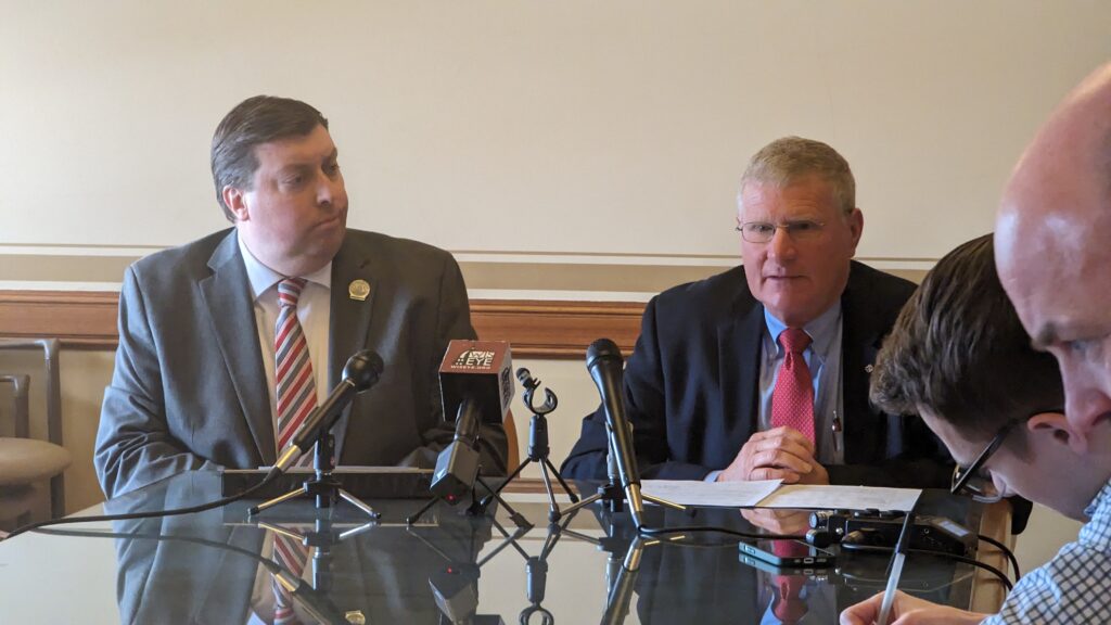 JFC co-chairs Rep. Mark Born (R-Beaver Dam) and Sen. Howard Marklein (R-Spring Green) speaking to reporters prior to the Thursday hearing. Photo by Baylor Spears/Wisconsin Examiner.
