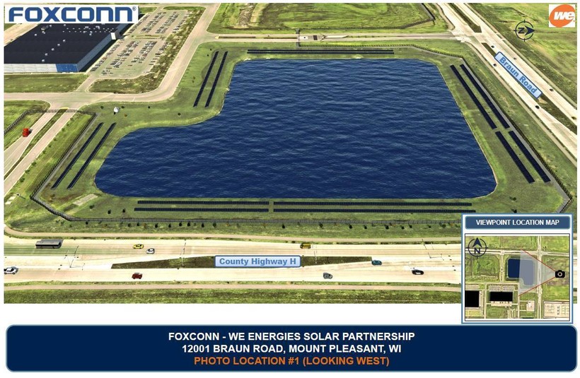 This is a rendering of the solar panels that are planned to be installed around a retention pond on Foxconn's Mount Pleasant Property. Photo Courtesy of Foxconn Technology Group.