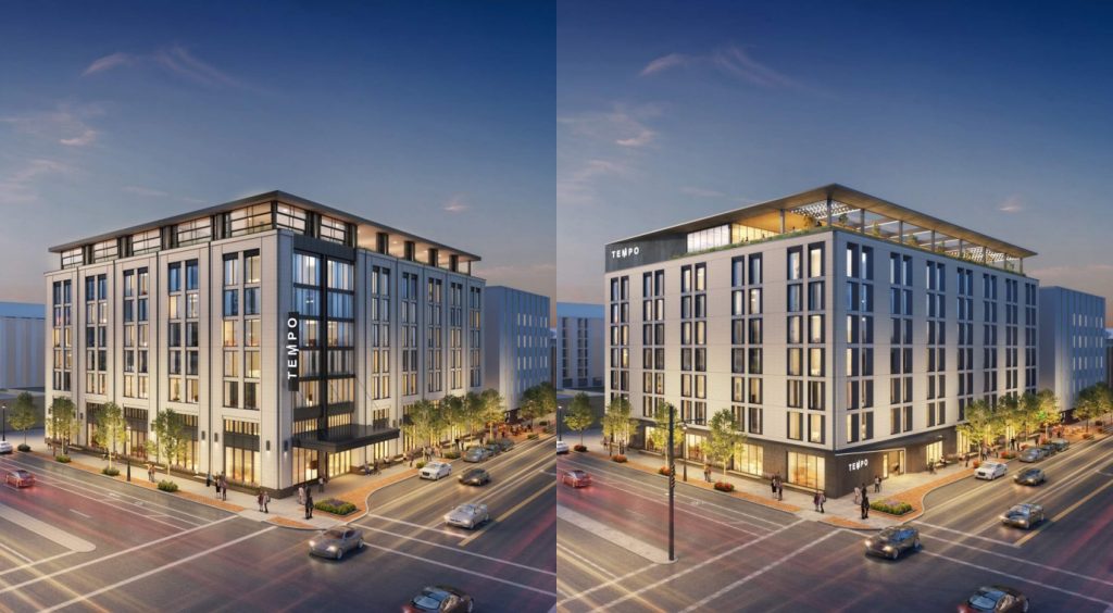 March 2023 (left) and December 2022 (right) designs for the Tempo by Hilton Milwaukee hotel. Renderings by Kahler Slater.