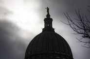 A cloudy sky is seen behind the Wisconsin State Capitol on Tuesday, Feb. 23, 2021, in Madison, Wis. Angela Major/WPR