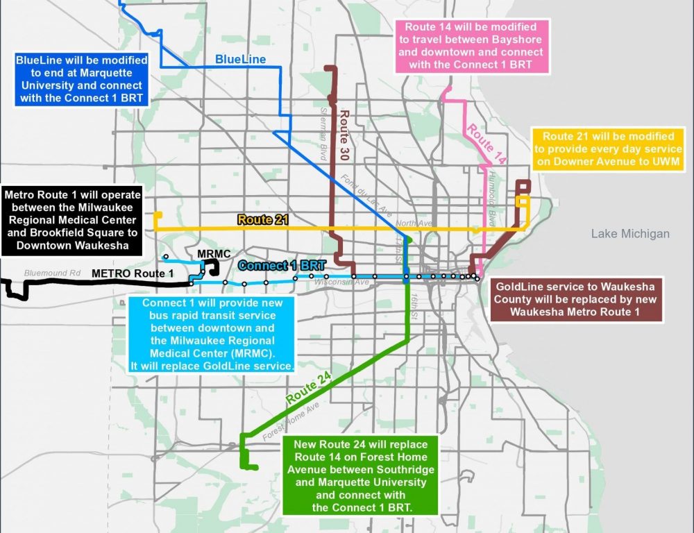 Planned bus route changes to coincide with launch of BRT. Map by MCTS.