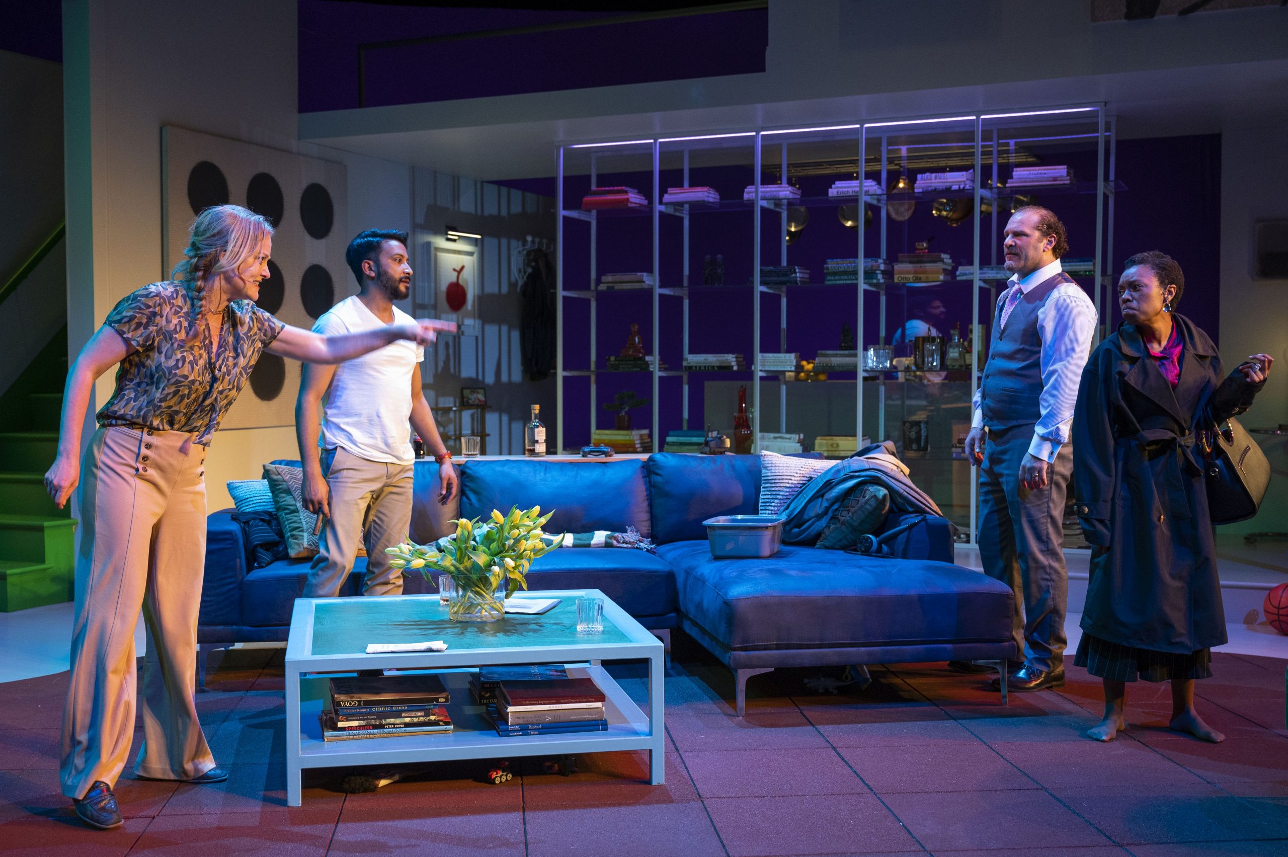Milwaukee Repertory Theater presents God of Carnage in the Quadracci Powerhouse April 18 – May 14, 2023. Pictured: Heidi Armbruster, Adam Poss, Elan Zafir and Makha Mthembu. Photo by Michael Brosilow.