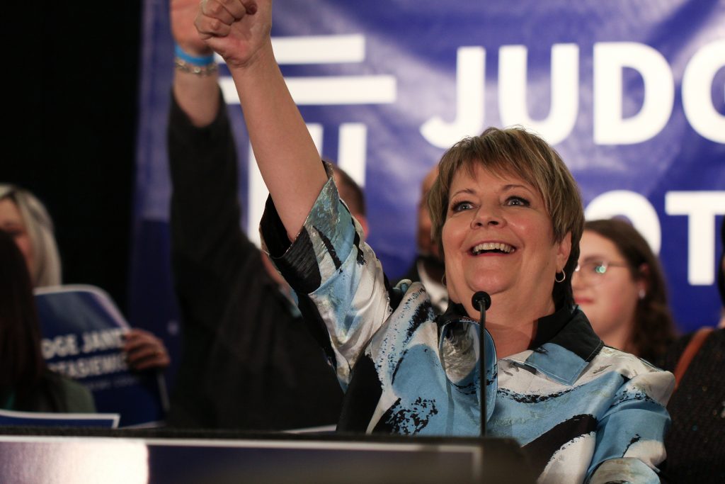 Judge Janet Protasiewicz declares victory in the Wisconsin Supreme Court election on April 4, 2023 at her election watch party in Milwaukee. (Drake White-Bergey / Wisconsin Watch)