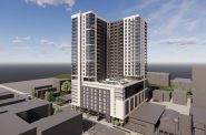 Looking east at proposed apartment tower, 1490 N. Farwell Ave. Rendering by Korb + Associates Architects.
